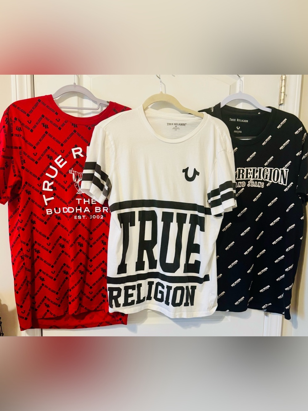 True Religion Tees Men's Red Black White AOP Buddha Graphic Cotton Blend Large